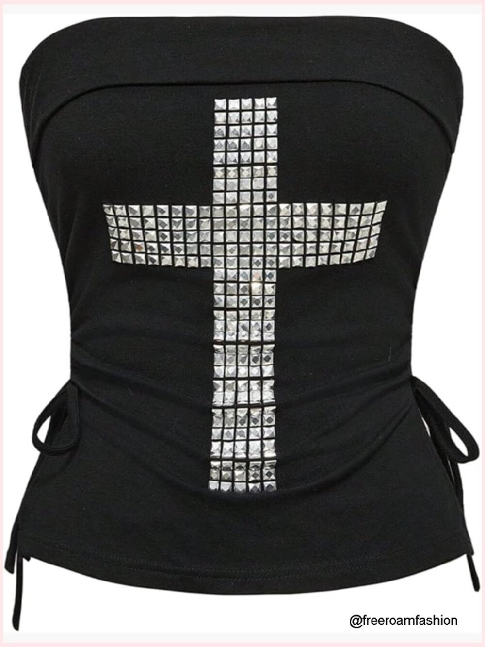 Goth Punk Cross Studded Tube Top Ruched Drawstring Side Bandeau Top